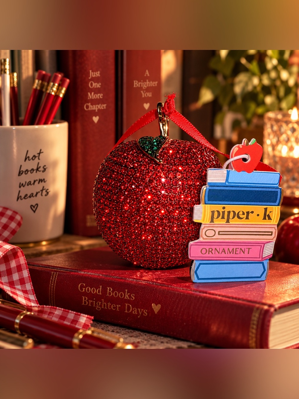 Piper K Red Jeweled Apple Ornament with Green Leaf Accent with Velvet Pouch